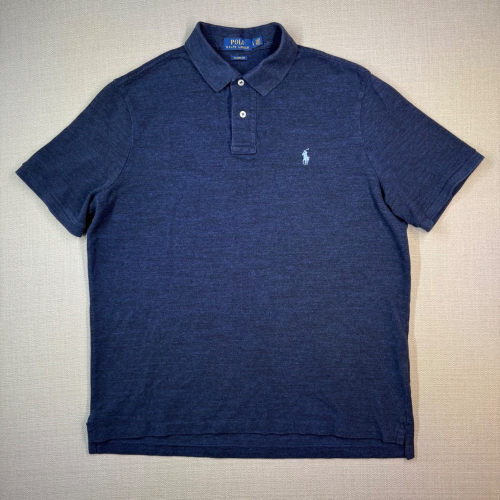 Polo Ralph Lauren Mens S/S Classic Fit Polo Shirt Heathered Navy Blue Size Large